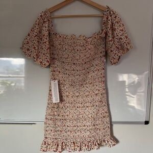 Topshop Floral Smocked Mini Dress with Puff Sleeves